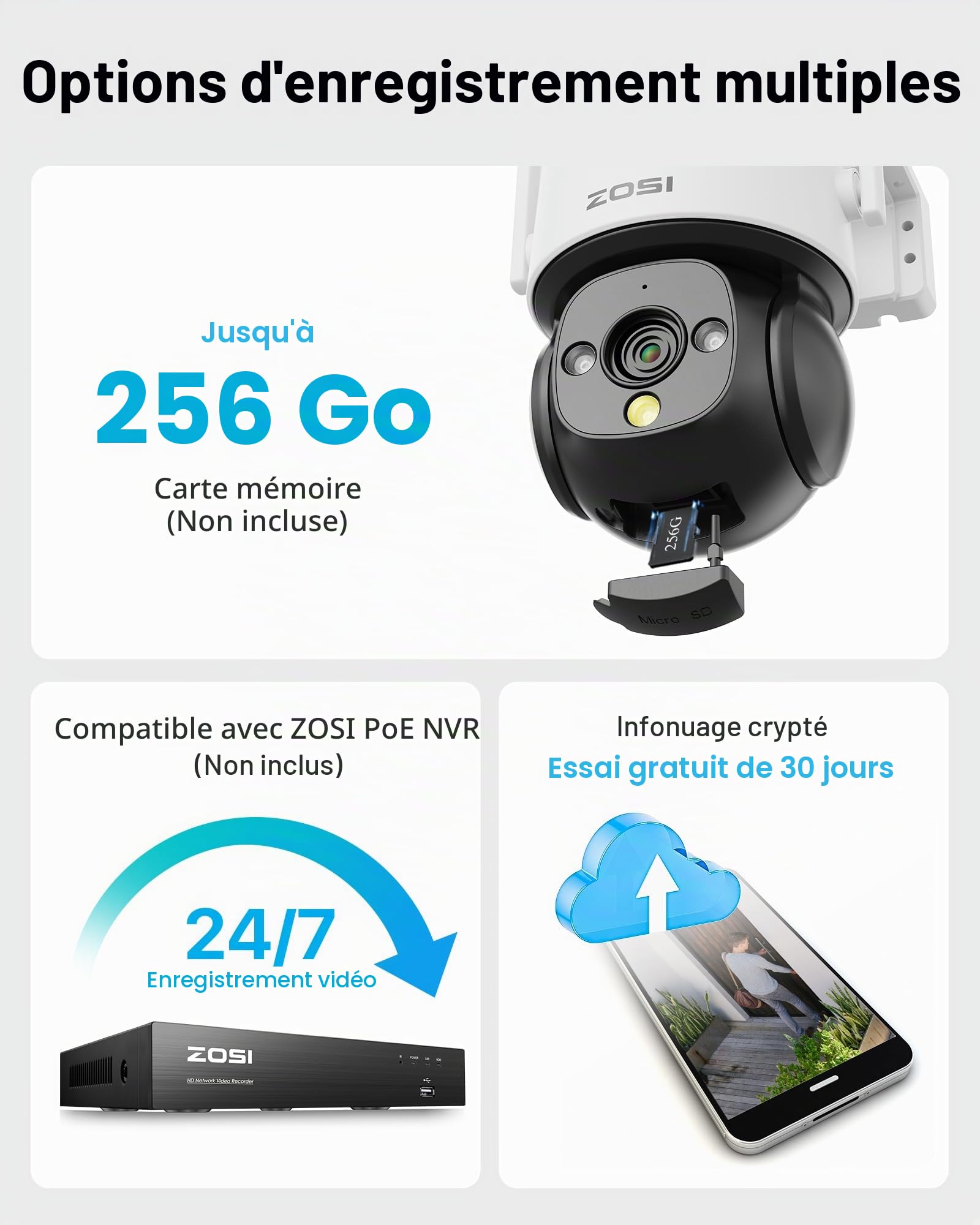 ZOSI 1080p Pan & Tilt 360° Caméra de Surveillance Extérieure | Détection IA Humaine/Véhicule Audio Bidirectionnel Alerte Sonore et Lumineuse Vision Nocturne Stockage Cloud/Carte Mémoire