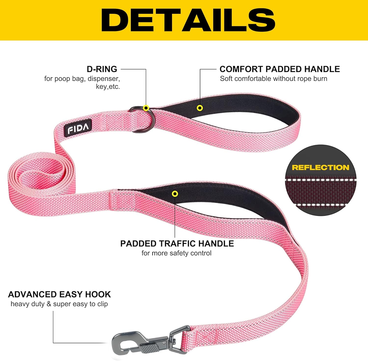 Fida 6 FT Heavy Duty Dog Leash with 2 Comfortable Padded Handles, Traffic Handle & Advanced Easy Snap Hook, Reflective Walking Lead for Large, Medium & Small Breed, Pink - Image 2