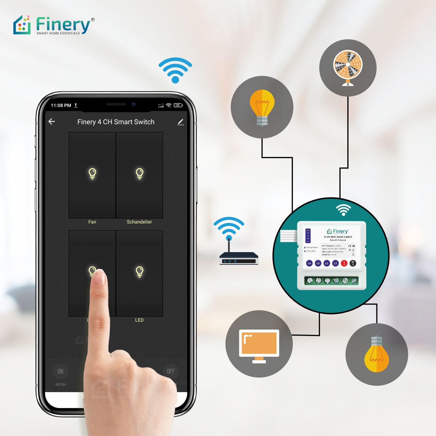 Finery 4 Node WiFi Smart Switch Retrofit Kit Supports Manual switches Compatible with Alexa & Google Home iOS and Android Smart Life app (4 Node/Gang) 3