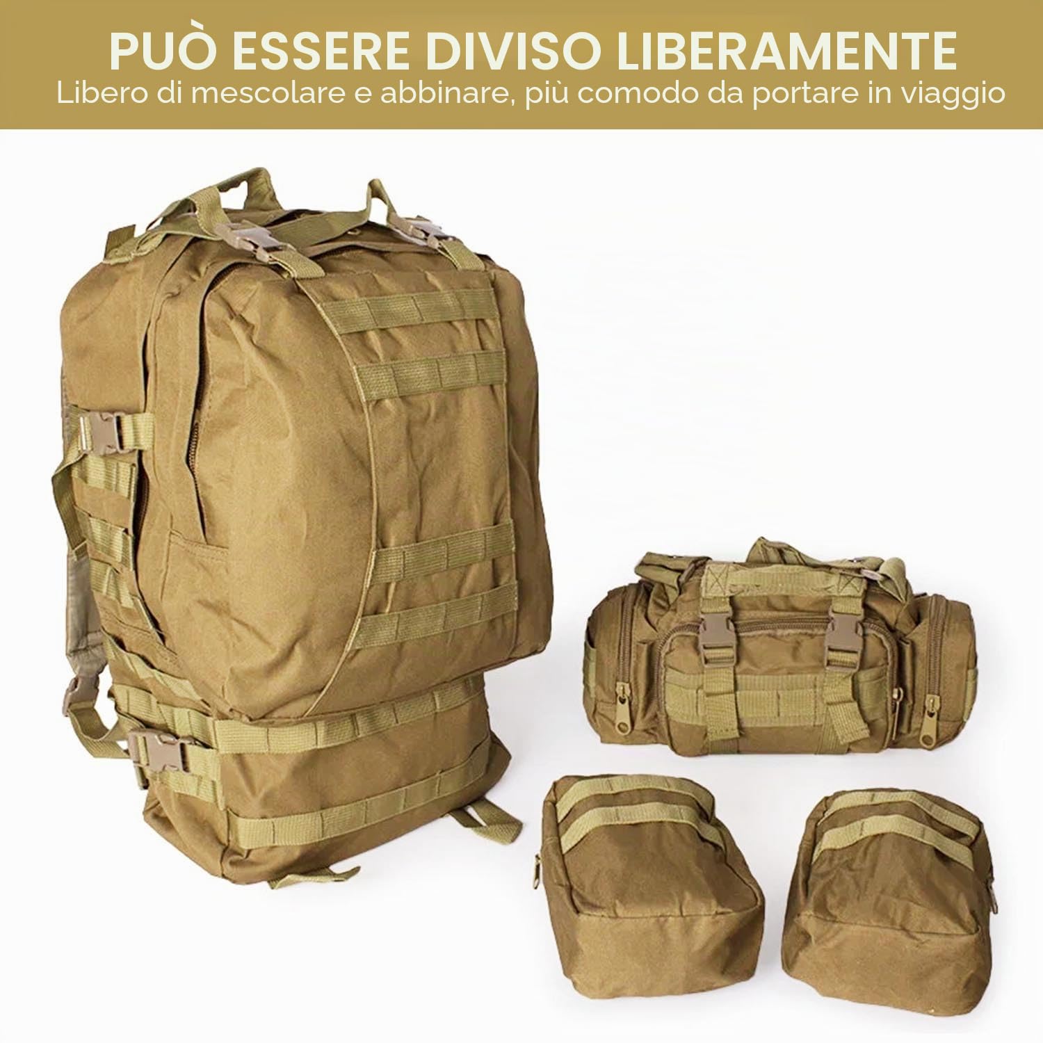 aiGear 55L Zaino Tattico Militare Grande Capacità Impermeabile Kaki | Militare Zaino, Borsone da Viaggio per Uomo/Donna, per Sport all'aperto Trekking Escursioni Pesca Palestra Camping