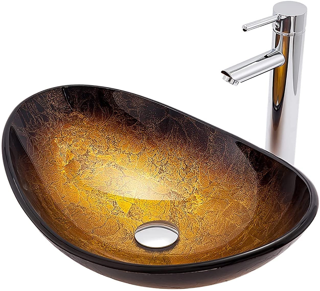 WOTZOV Sink Tempered Countertop Sink Vanity Oval Art Countertop Wash Bowl Hand Wash Basin With Antique Faucet,Drainer,54Cmx36Cmx16Cm,