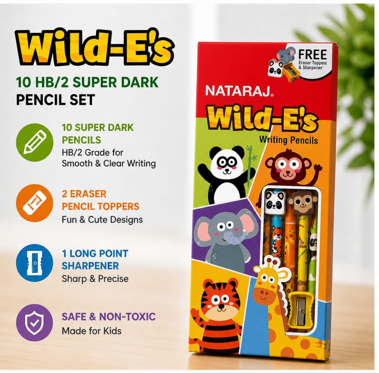 Nataraj Super Dark Wild-E's Wooden Graphite Pencils Pack of 10| Ergonomic Comfortable Grip| Easy Sharpening| Bold Writing-Low Pressure- FREE 2 Eraser Pencil Toppers & 1 Long Point Sharpener