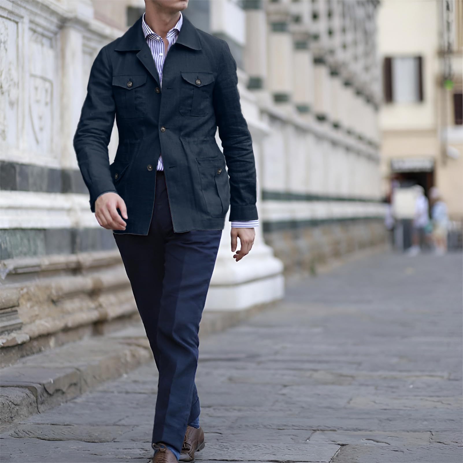 Veste en Lin Léger pour Hommes Boutonné Manteau Blazer Décontracté Respirant avec Poches