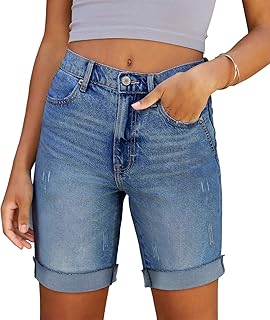 Womens Bermuda Jean Shorts Stretchy Mid Waisted Denim Shorts with Pockets