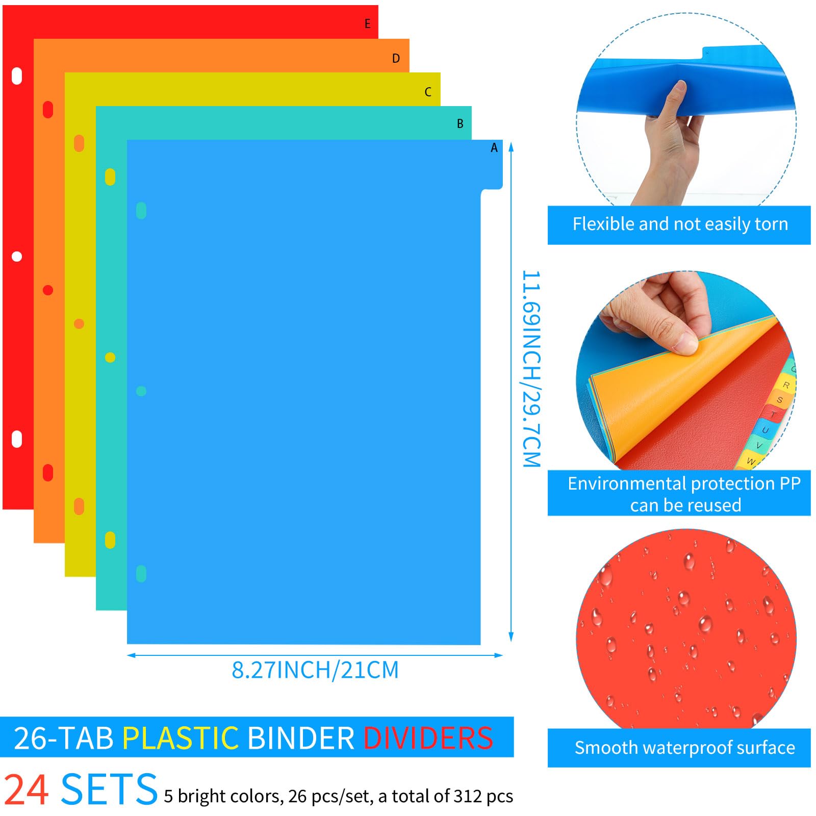 Jetec 24 Sets A-Z Registerkarten für 3 Ringbücher, Kunststoff, mehrfarbig, robuste Alphabet-Trennblätter für 3 Ringbücher, alphabetische Akten-Trennblätter zum Lesen von Notizbüchern und