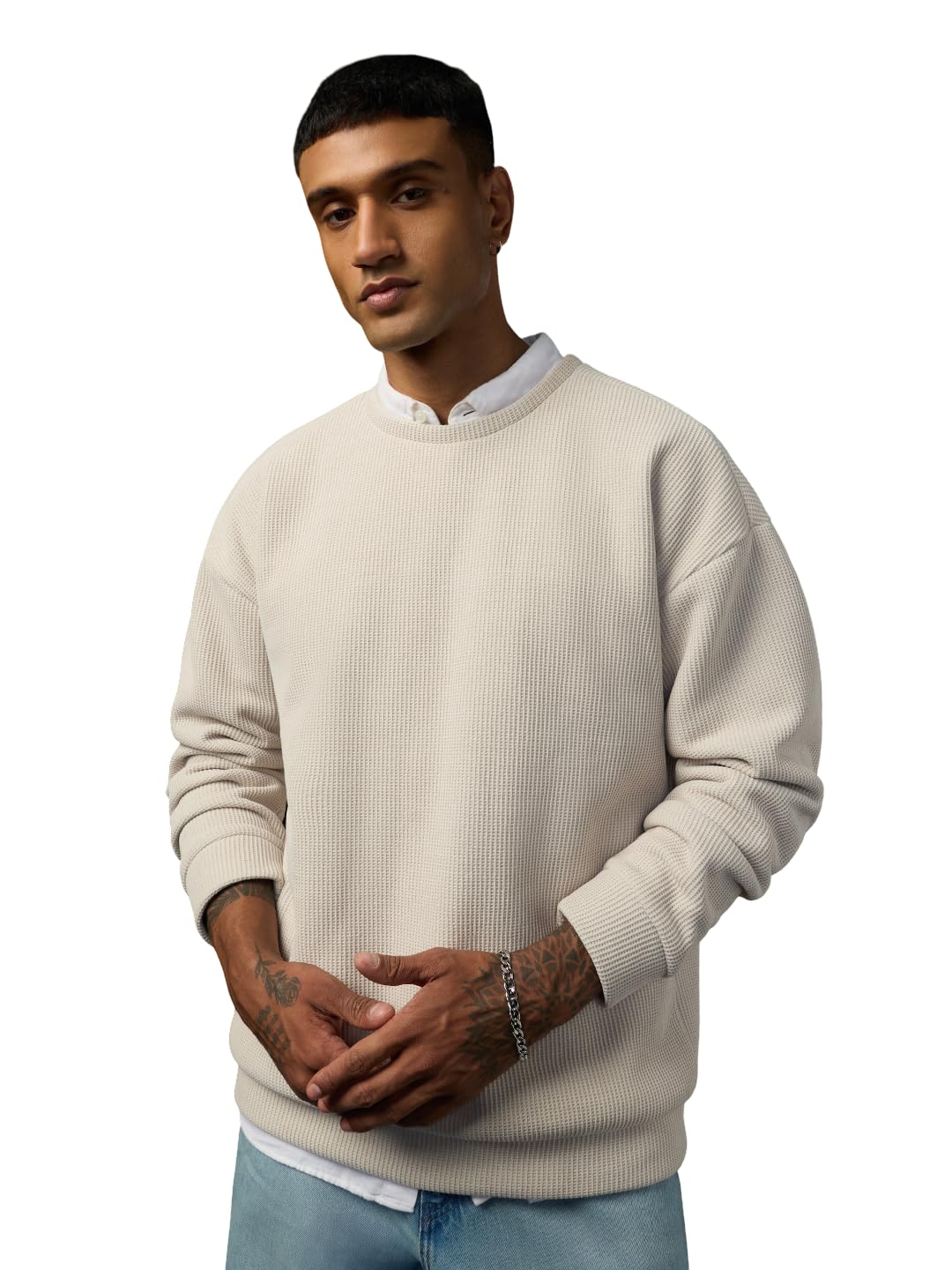 The Souled Oversized Sweatshirt: Ivorygrid Men and Boys Long Sleeve Round Neck Textured Polyester Elastane Blend Drop Shoulder Streetwear Winter Ready Trendy Oversized Sweatshirt-image-2