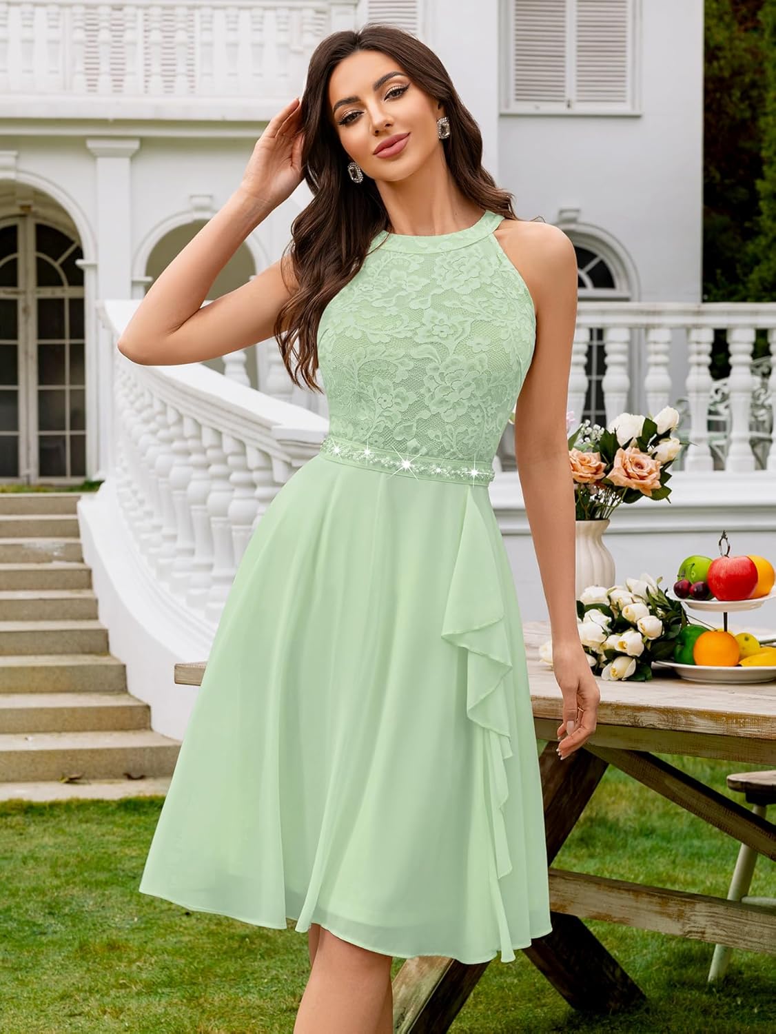Miusol Women's Halter Neck Lace Ruffle Vintage Cocktail Party A-Line Bridesmaid Dress