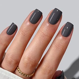 Gray Press on Nails - Charcoal Gray Fake Nails | Short Square Acrylic Nail,Solid Color False Nails with Jelly Glue,Full Cover Glossy Stick on Nail for Women Girls | Nails Press Ons 12 Sizes-24Pcs