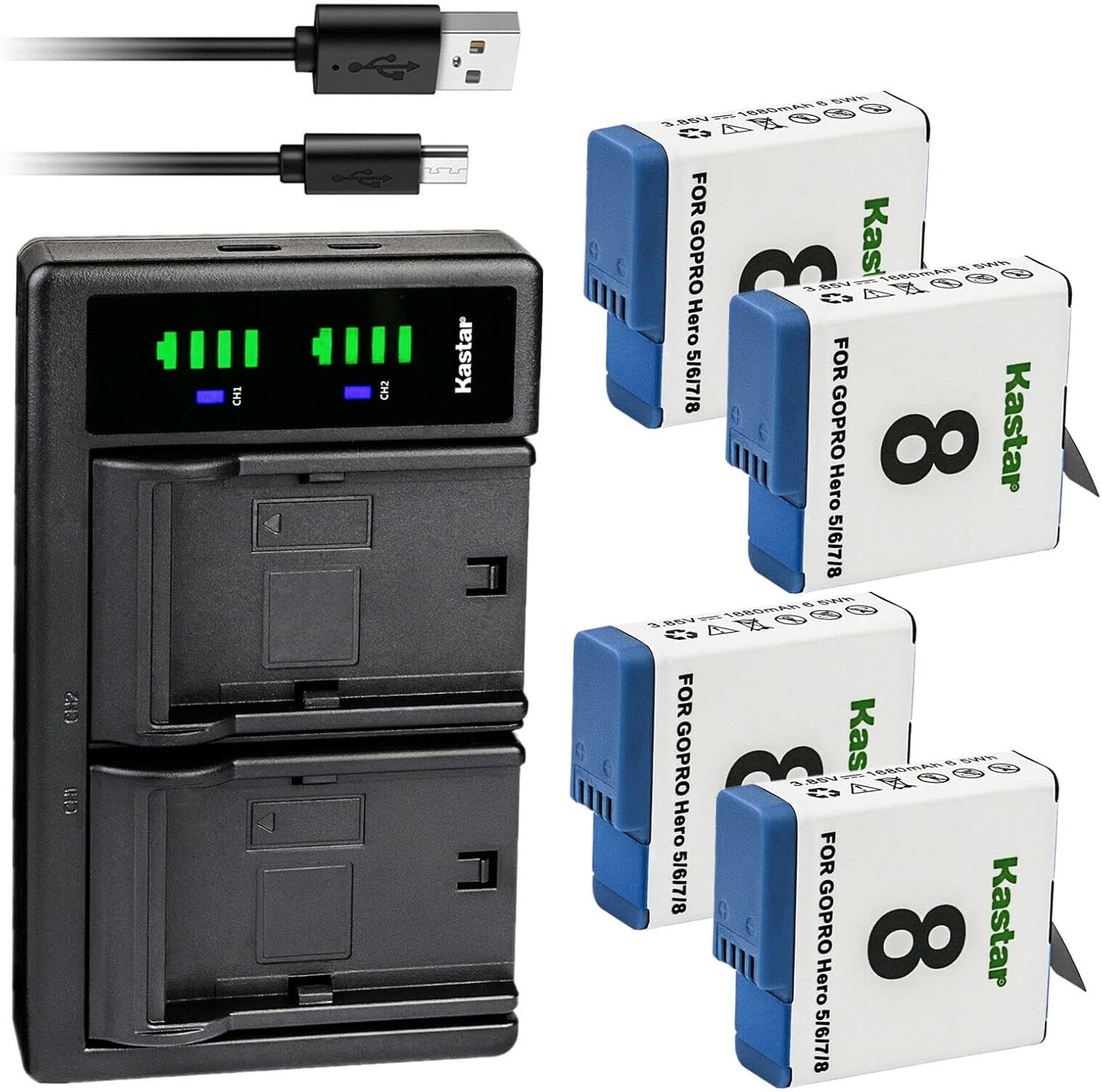 Kastar 2-Pack Battery and LTD2 USB Charger Replacement for Gopro Hero 8, Hero 6 HD Silver, Hero 5 Action Camera, HERO5 Black, Hero 5 HD Black, HERO5 Silver, Hero 5 HD Silver, Hero Camera, Hero 2018