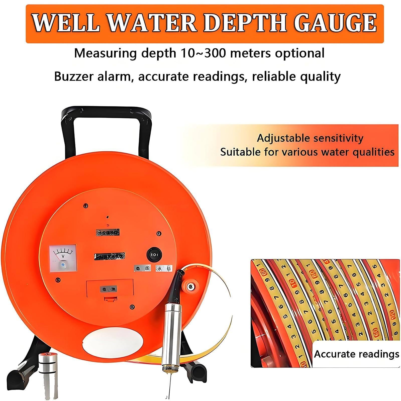 Sondeur De Niveau D'eau Pour Puits Profonds, Instrument De Mesure Des Niveaux D'eau Souterraine, Profondeur De Puits De 10 à 300 M, Avec Sonde Fixe,Pour Puits, Forages, Réservoirs 65.6ft/20m