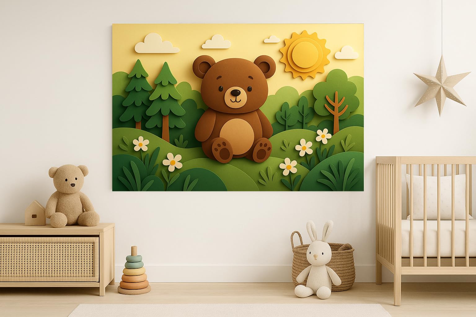 Artefizio Cuadro Infantil Decorativo con Animales, Bastidor Extra Grueso, Lienzo Personalizado con Nombre para Dormitorio de Bebé, Guardería o Aula de Juegos, Made In Italy (Sunny Bear Hills)