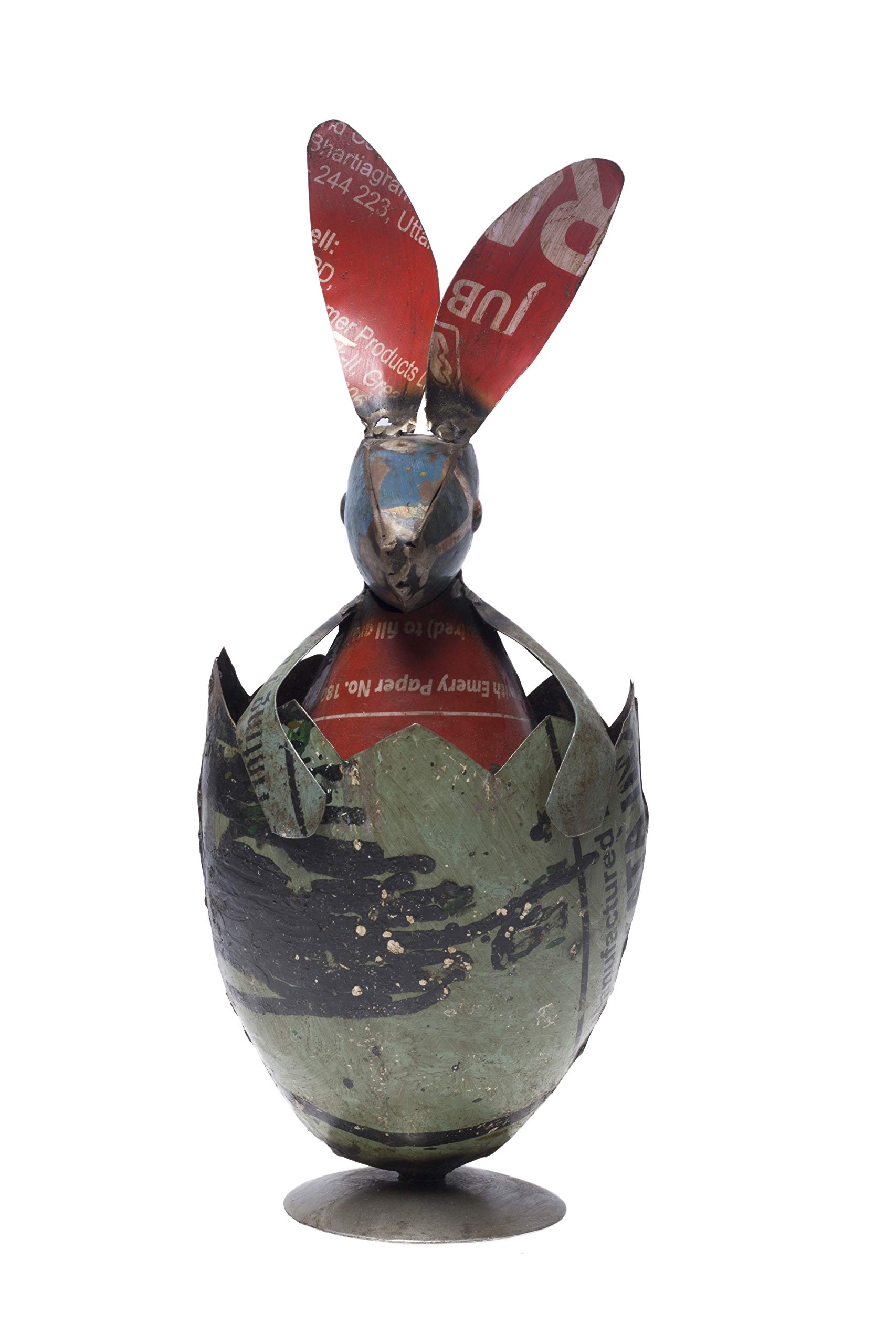 DeKulture Springtime Recycled Iron Egg with Rabbit Figurine | Easter Decor | Home, Garden, Terrace (4x4.5x11 Inches)