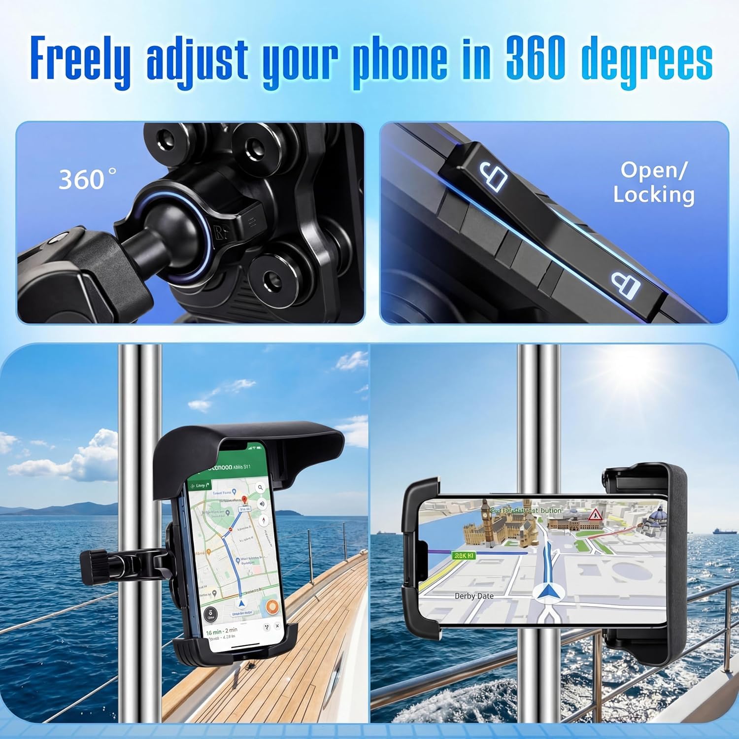 Tellegloww 1 supporto per telefono da barca, supporto per telefono cellulare con parasole, nero regolabile a 360 gradi, morsetto a granchio, accessorio per smartphone, per barca, auto, ciclismo