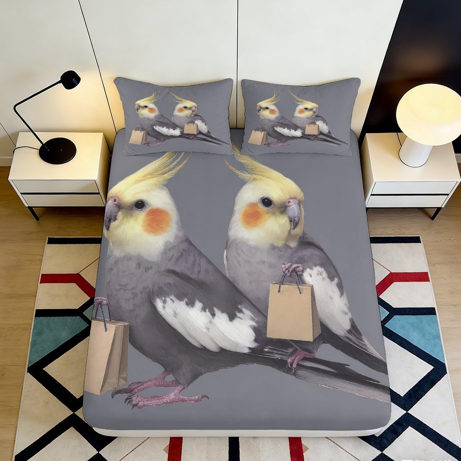 3D Printed Cockatiel Parrot Fitted Sheet Microfiber Grey Animal Bed Cover for Bedroom Dorm Mattress Protection Decor 90x200x25cm