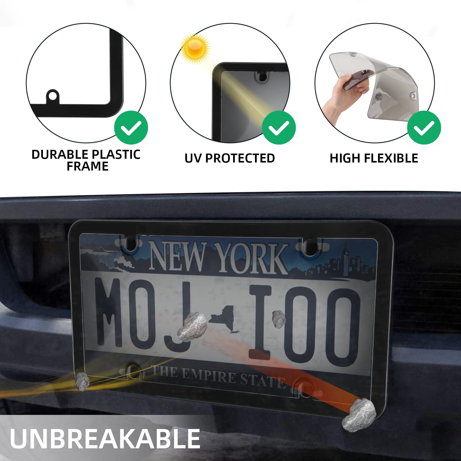 License Plate Covers 2 Unbreakable Clear S 2 Black Frames 8 Screw Caps (6x12") - Universal Fit License Plate Shield Cover