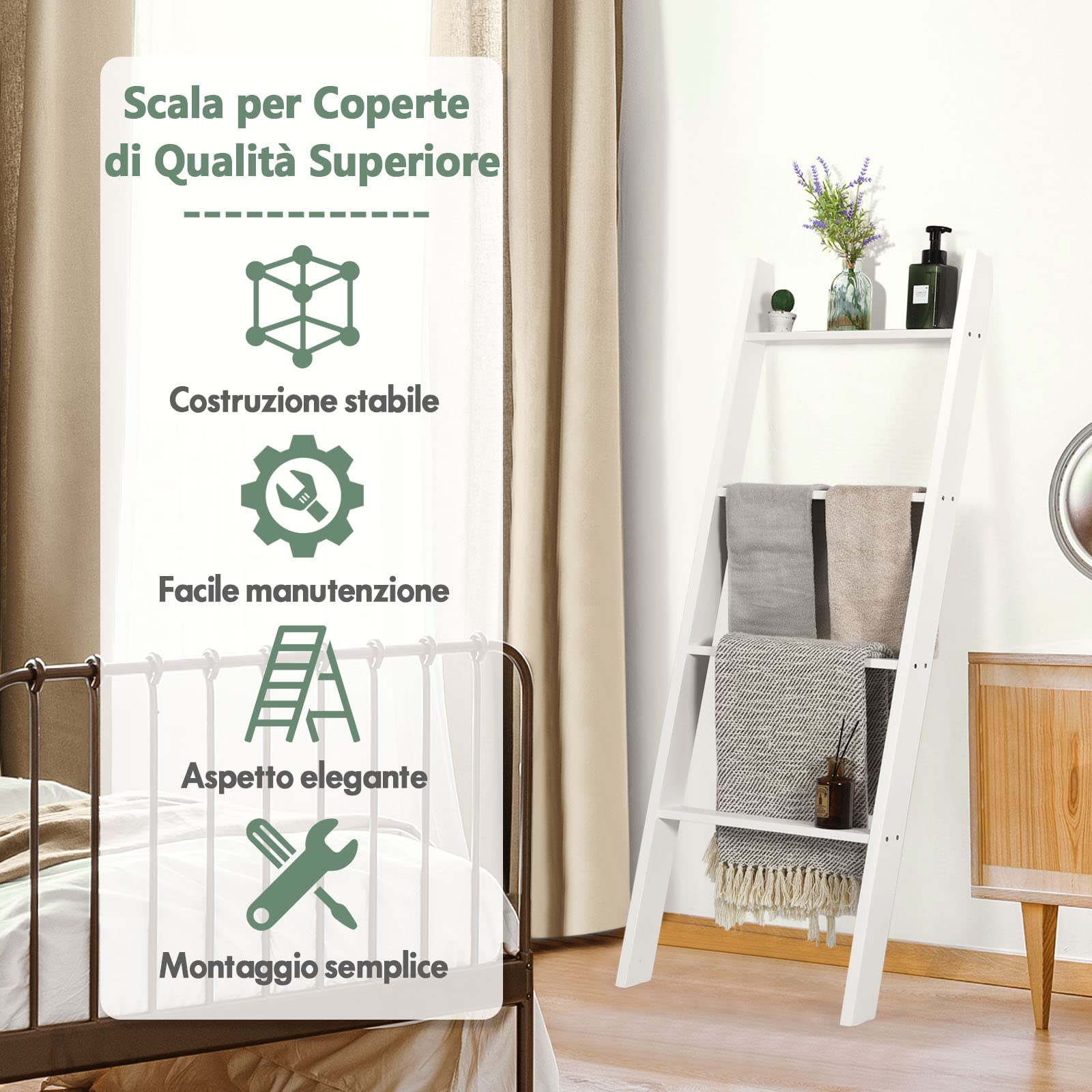 COSTWAY Scaffale di Stoccaggio in Legno di Pino, Porta Asciugamani a 4 Livelli per Bagno, Porta Salviette, Multiuso per Bagno Soggiorno (Bianco, 51 x 8 x 137 cm)
