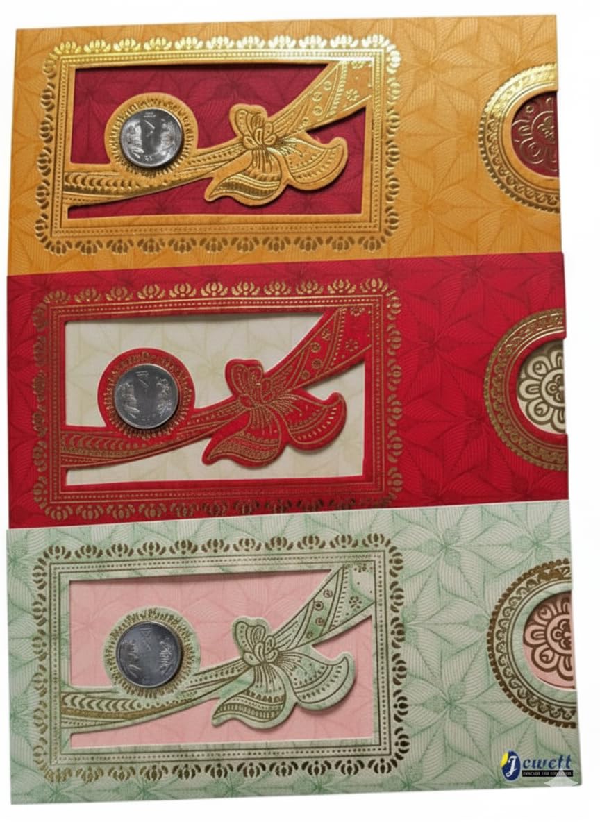 Jewett Shagun envelop with coin, wedding shagun envelope with coin, Designer Sagan Cash Money Envelopes, Anniversary, Birthday and many other Occasions (Multicolor) (Pack of 50)