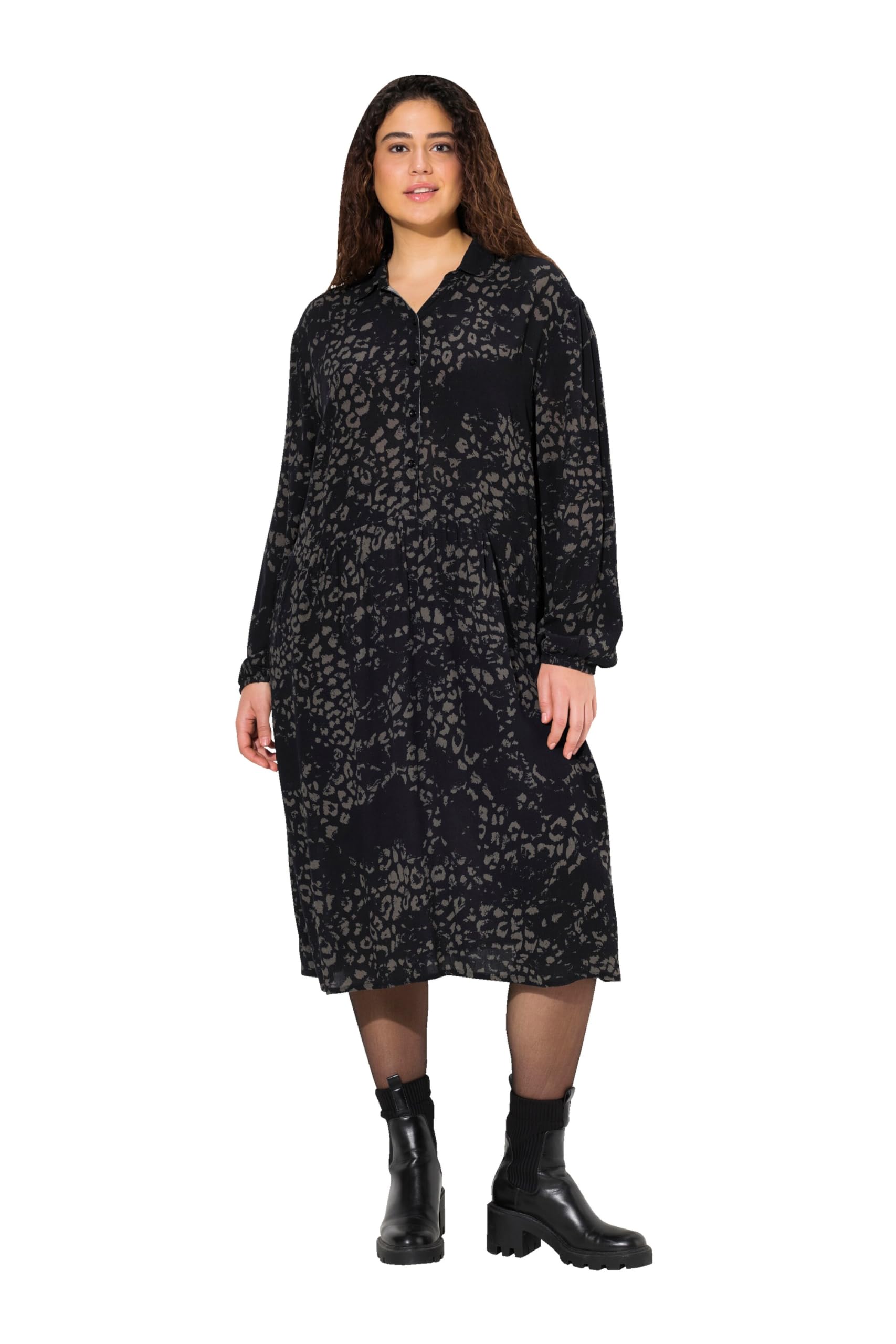 Ulla Popken Damen große Größen Übergrößen Plus Size Hemdblusenkleid, Knopfleiste, Hemdkragen, Langarm 832318