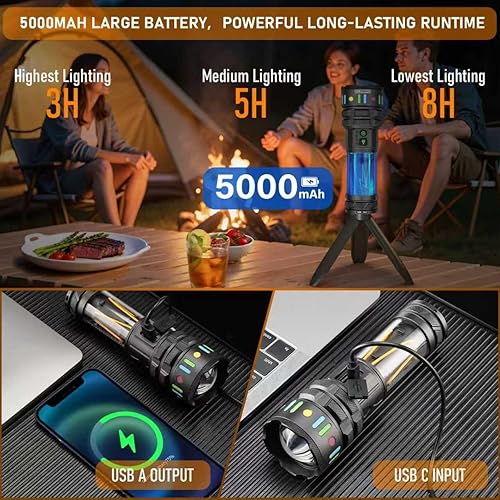Miniatura 4 de Linterna táctica recargable para acampar, 11 modos, linterna táctica de 10000 lúmenes, luz de campamento portátil con soporte, linterna LED