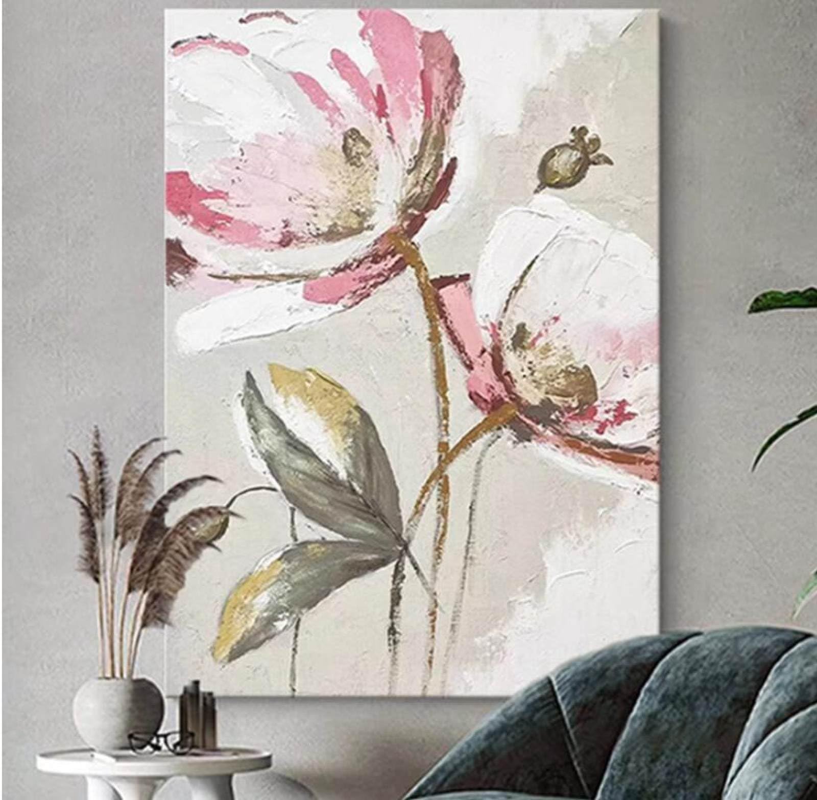 Peinture pivoine abstraite faite main pour sublimer la décoration du salon