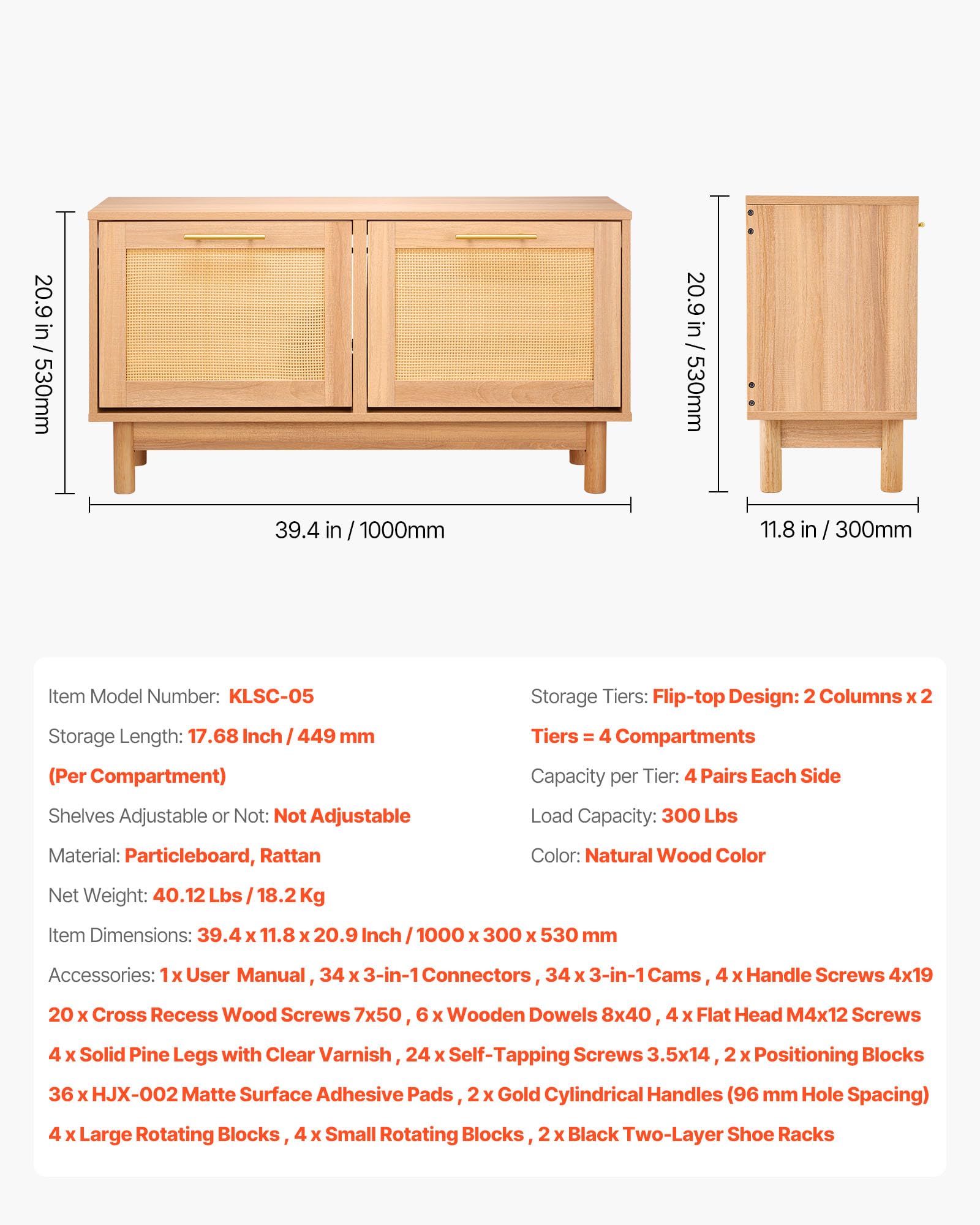 VEVOR Panca Portascarpe da Ingresso, Scarpiera con Panca Portascarpe 100x30x53 cm, Contenitore con 2 Cassetti, Scarpiera da 136 kg, 4 Scomparti e 2 Ante in Rattan, per Corridoio, Soggiorno