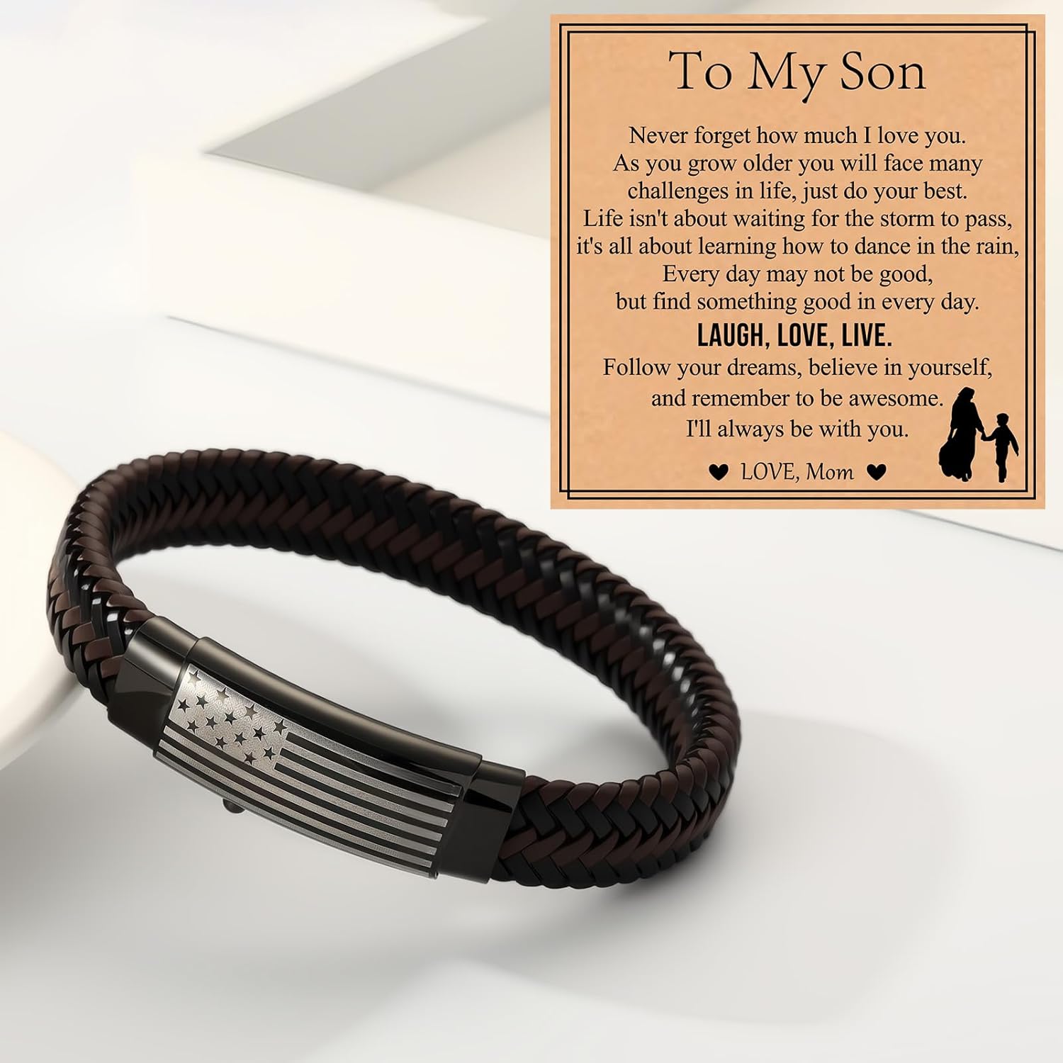 Leather Bracelet for Men American Flag Mens Leather Bracelet with Card Adjustable Leather Cuff Bracelets for Men Jewelry Gifts for Dad Son Brother Man Husband Boyfriend - Image 2