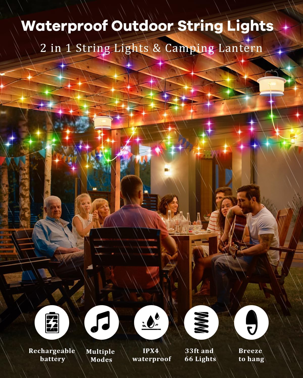 Camping-Lichterkette für den Außenbereich mit Musik-Synchronisation, schnelle Lagerung, LED-Lichterkette mit 7 RGB-Farben und 12 Modi, Zeltlichter, tragbare Camping-Laterne, wasserdicht, Camping-Licht