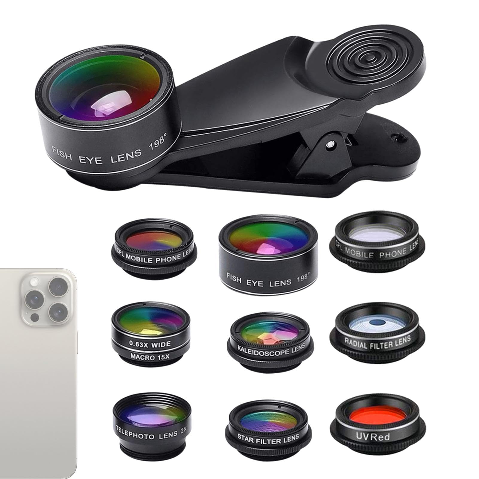 Set di 2 per smartphone – Set di obiettivi per cellulare | macro vetro clip fotocamera | Strumenti universali per cellulare, grandangolare macro 198-Fisheye 198, alloggiamento in lega