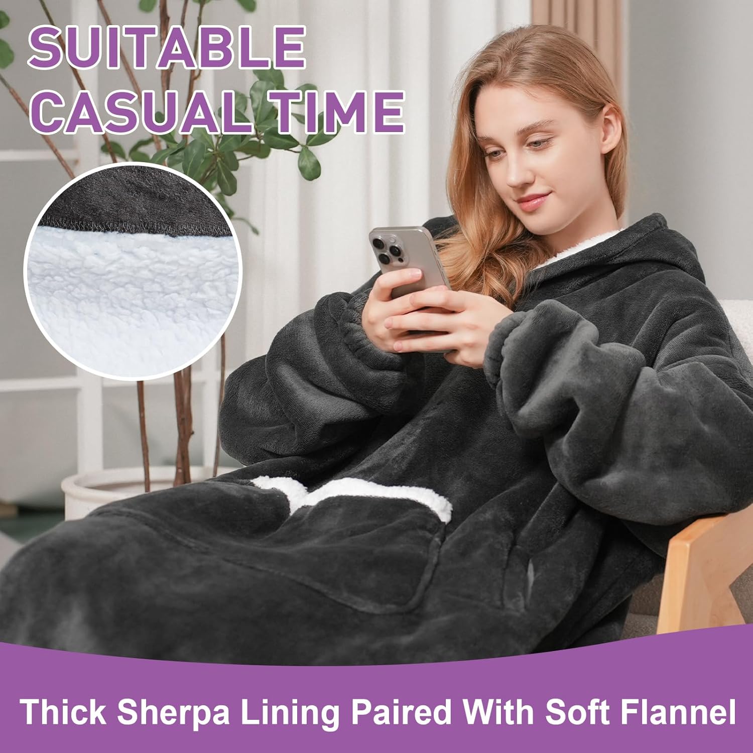 Fiosnow Wearable Blanket Gift for Women & Men Sherpa Flannel Blanket Hoodie Long Warm and Cozy Blanket with Giant Pocket,Dark Gray - Image 5