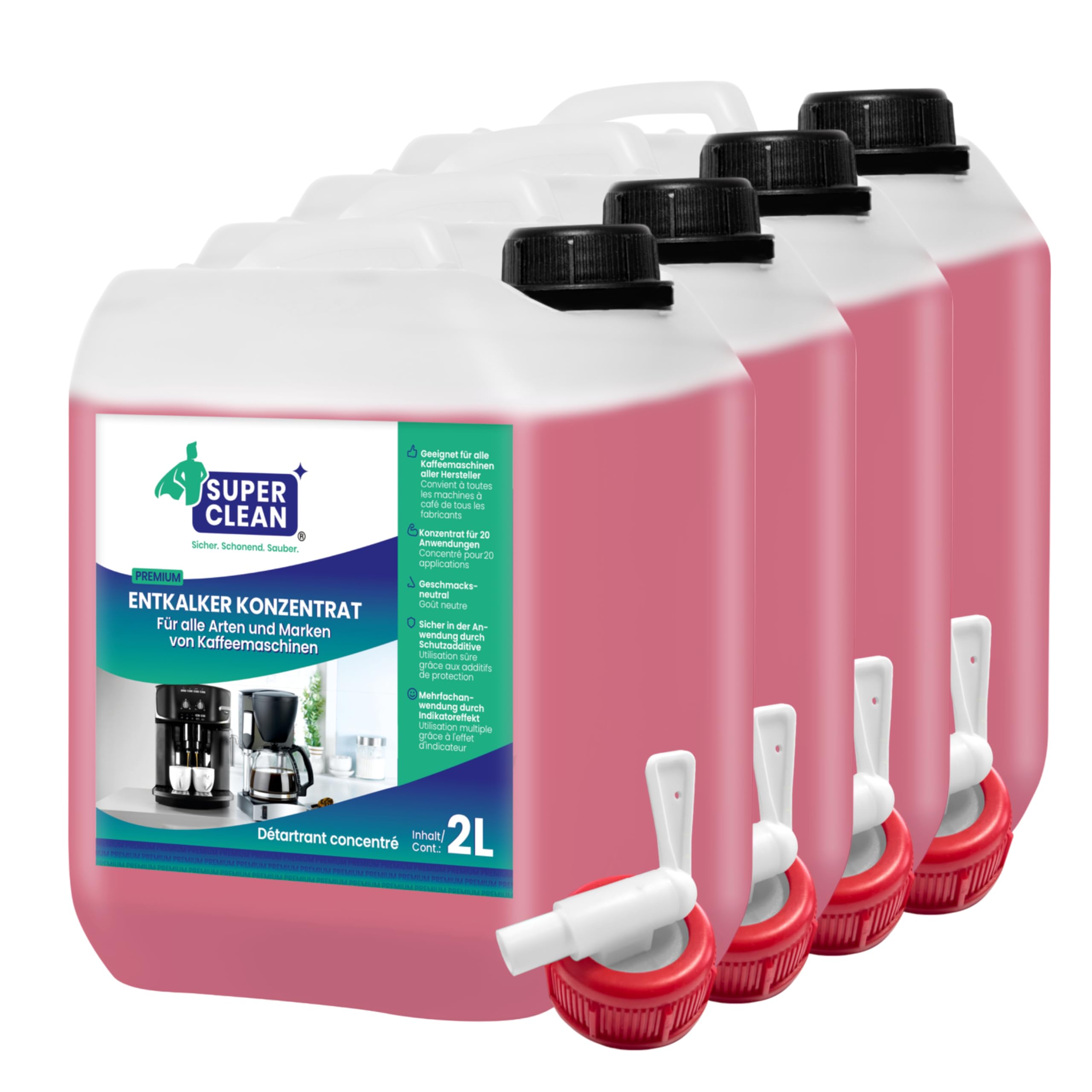 SUPER CLEAN 4 x 2L Entkalker Konzentrat Kaffeevollautomat - Flüssig - Für alle Maschinen & Marken - 80 x Entkalkung - Effektiver Flüssigentkalker von Kaffeemaschinen, Wasserkocher & Duschen