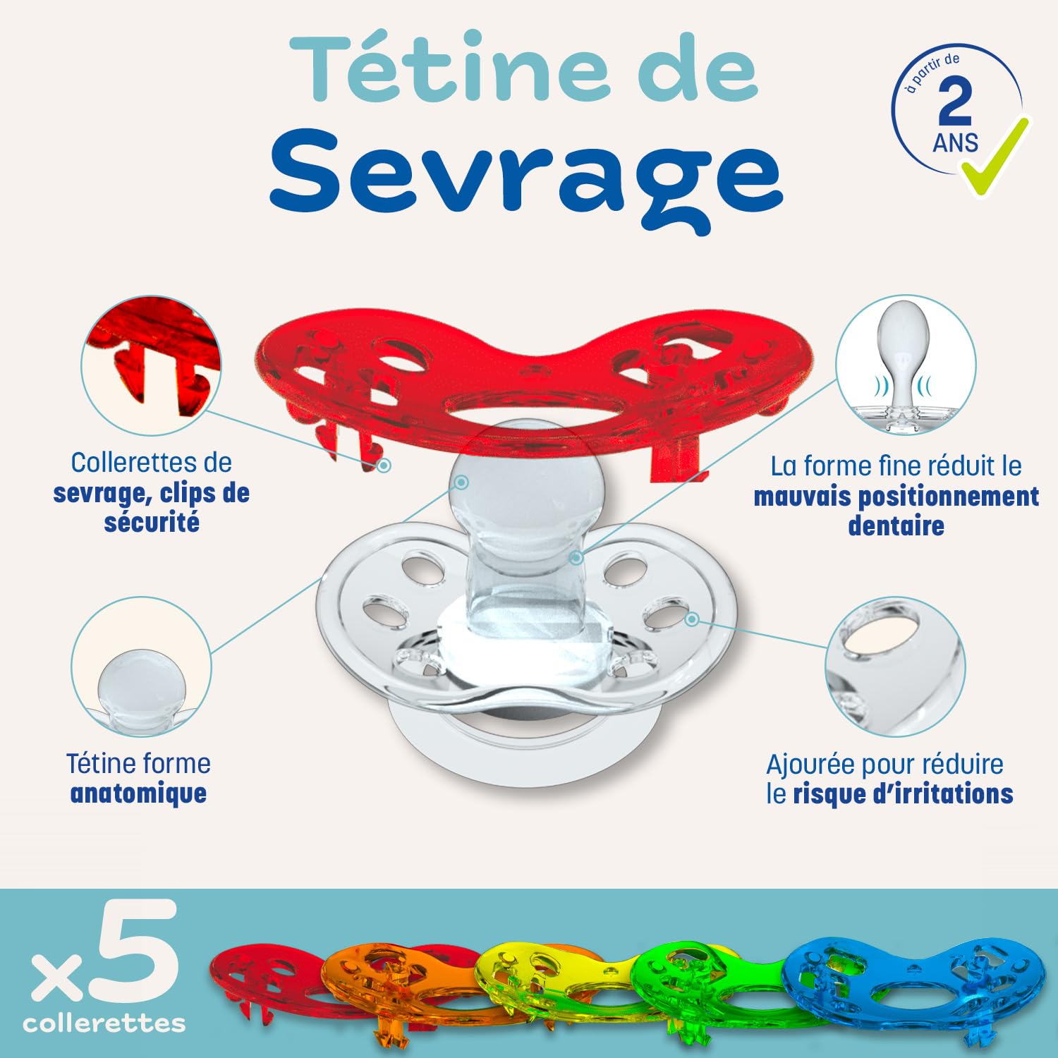 CLIPP Kit – Colour Weaning Dummy + 5 Collars for Progressive Stop + Instructions – Easy and Gentle Weaning – Patented Device – Made in France – From 2 Years - 2