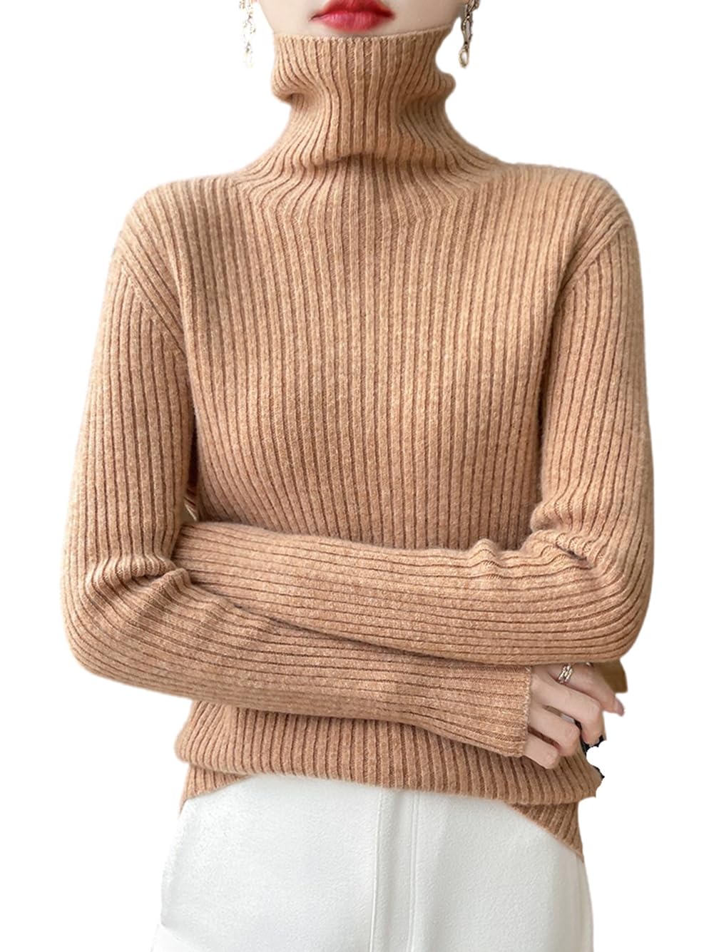100 Merino Wool Sweaters for Womens Fall Winter Knitted Thick Pullover Long Sleeves Warm High Neck Turtleneck WQ716