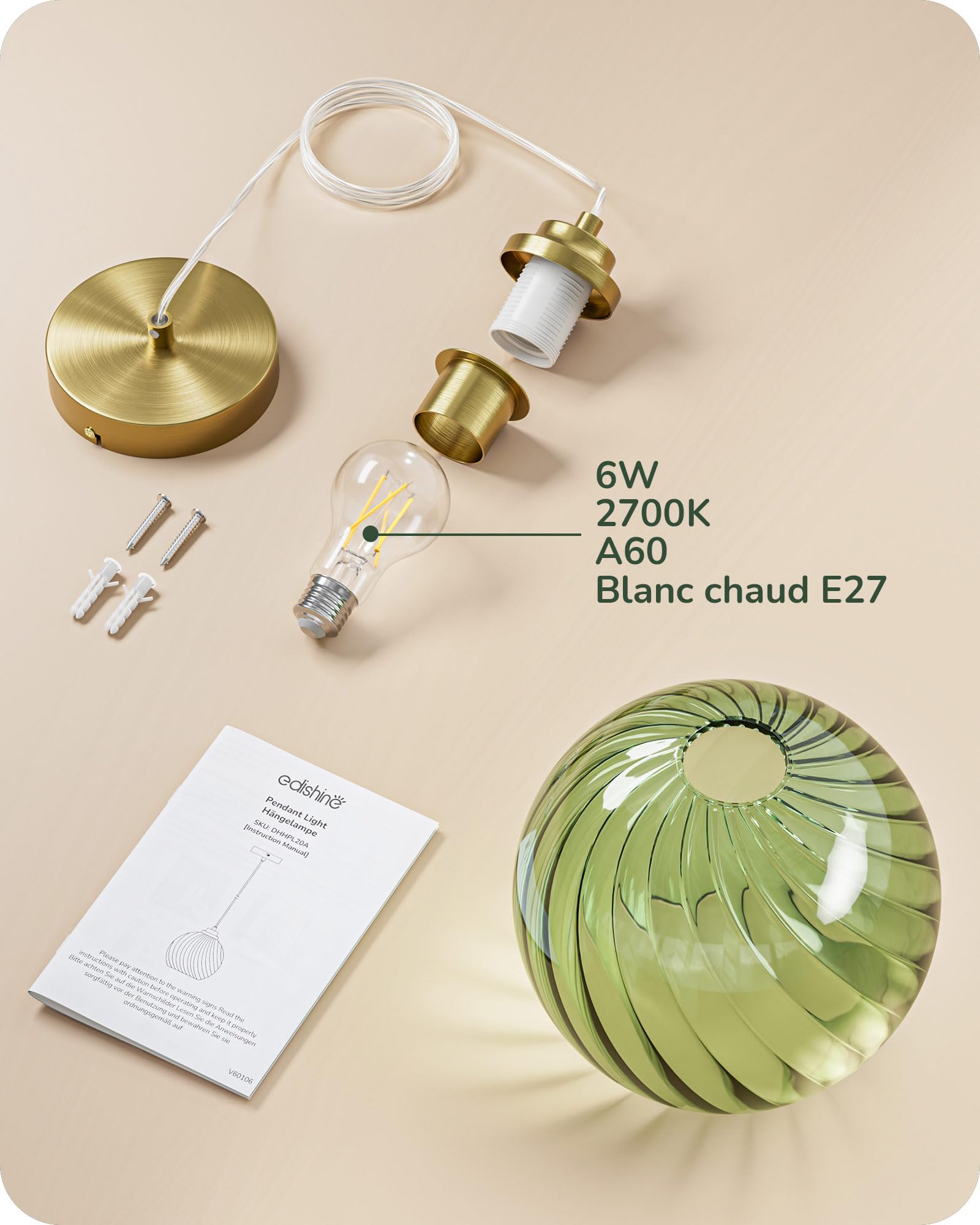EDISHINE Suspension Verre Ondulé, Vert Menthe, Réglable 1,5 m