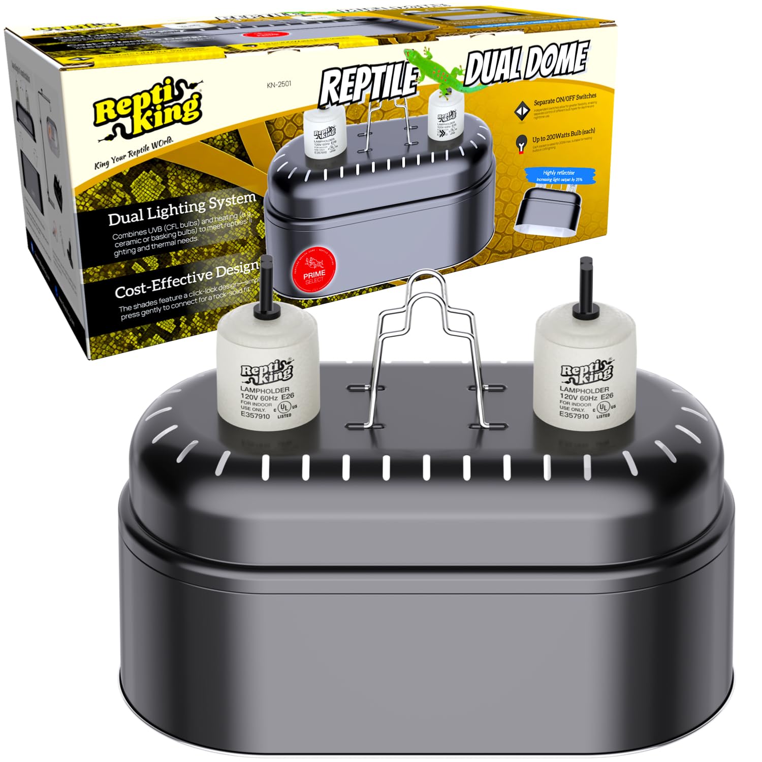 ReptiKing Reptile Dual Light Fixture, Double Deep Dome for Reptile Light/Heat Lamp/UVB Light, Snap-on Lamp Fixture Holder for Beared Dragon/Snake/Turtle/Lizard Tank Accessories