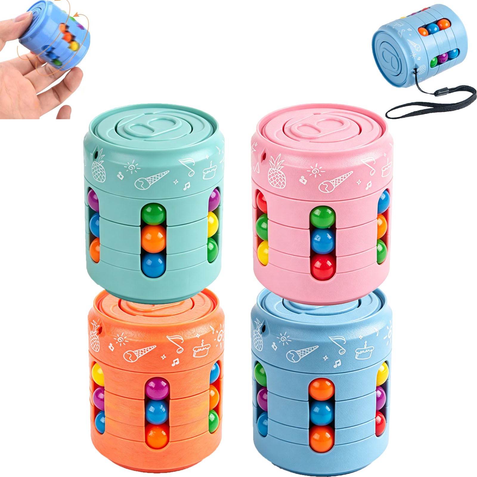 Rotating Magic Bean Puzzle Cube-Fidget Cube,Rotating Fidget Spinners Educational Decompression Toy Ball,Multicolour Fun Gift for Kids & Adults (4pc,Large)
