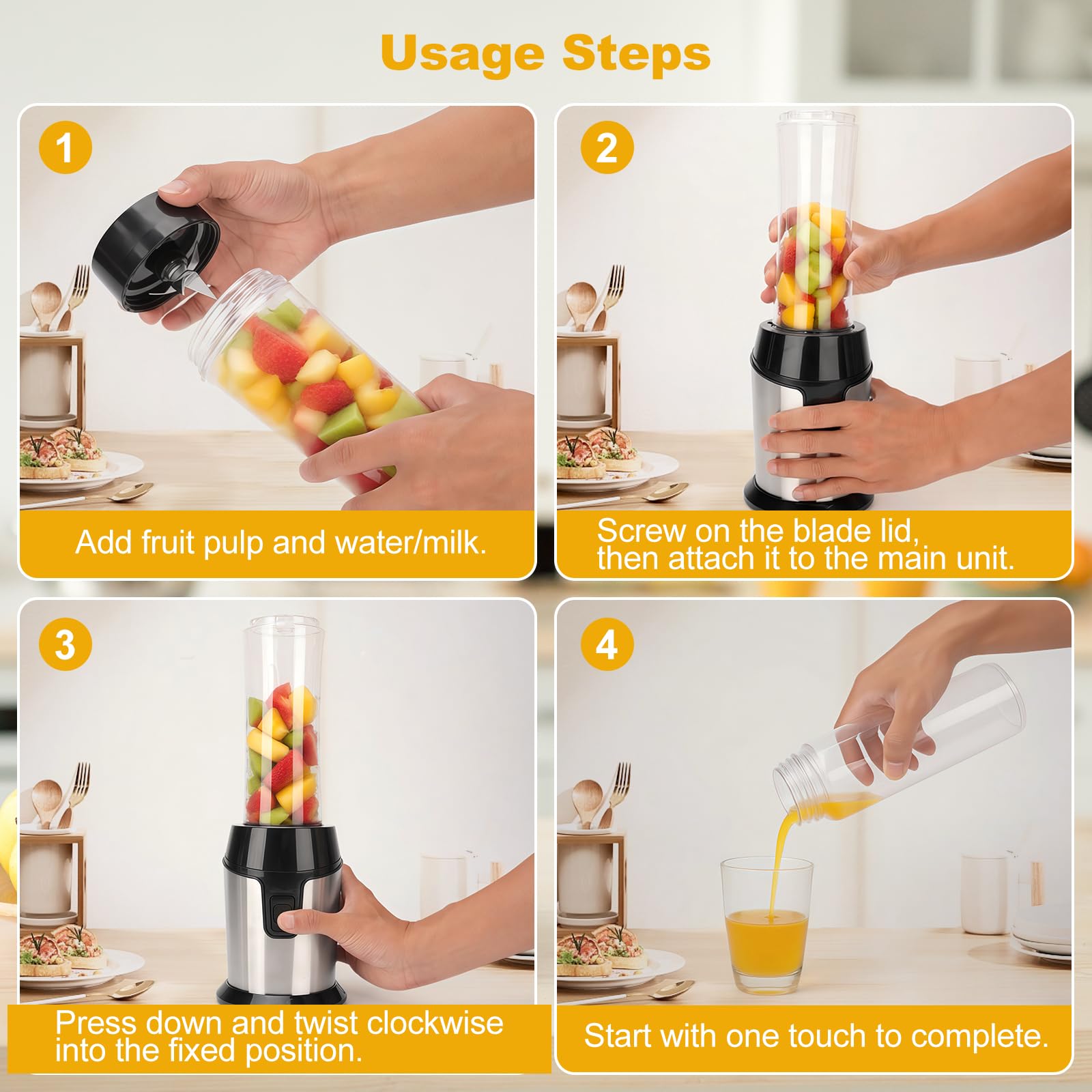 heuchaey Mini frullatore elettrico frullatore frullatore portatile con 2 bottiglie BPA-Free portatili da 600 ml, con 4 lame in acciaio inox, per frullati e alimenti per bambini