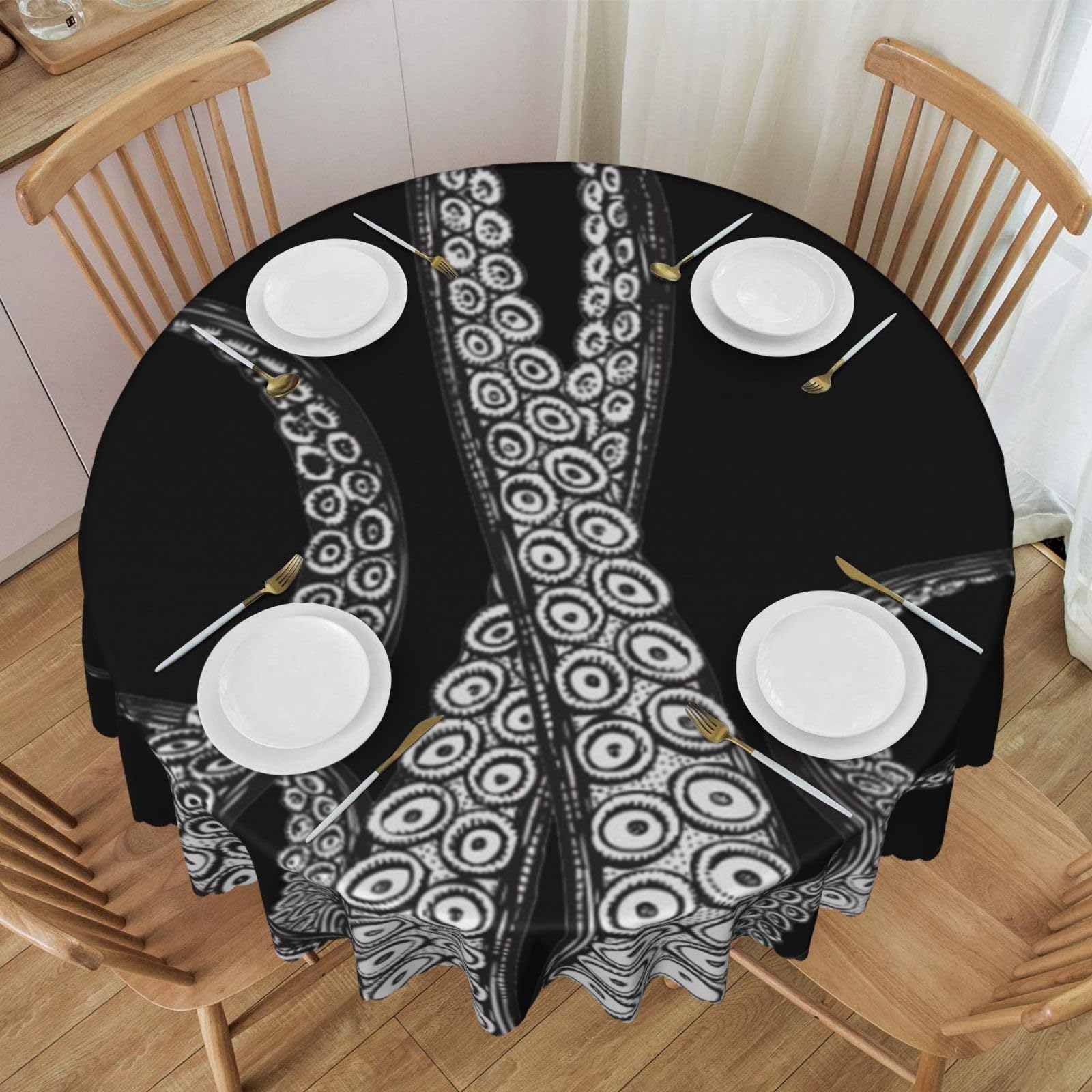 DCEHGEW 60 In Round Tablecloth with Lace, Octopus Tentacles Printed Oilproof & Washable Fabric Picnic Table Cloth Table Covers
