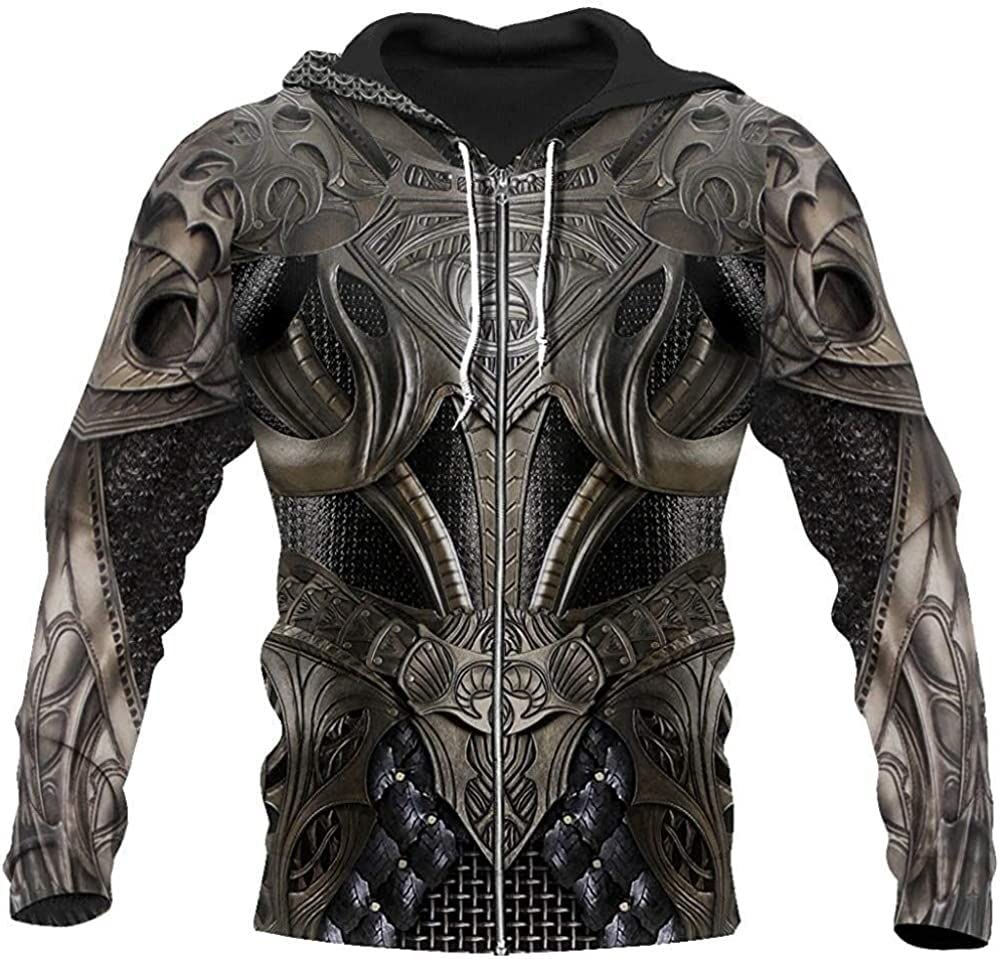 Men's Viking Armour Hoodie 3D Printed Zipper Hoodie Nordic Knight Tattoos Hoodies Pullover Long Sleeve Sweatshirts (Color : Hoodie Zip, Size : S)
