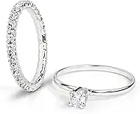 Kit 2 Anéis Femininos Banhado a Prata Solitário Zircônia Cristal e Aparador Cravejado Strass Hipoalergênico Elegante