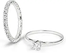 Kit 2 Anéis Femininos Banhado a Prata Solitário Zircônia Cristal e Aparador Cravejado Strass Hipoalergênico Elegante