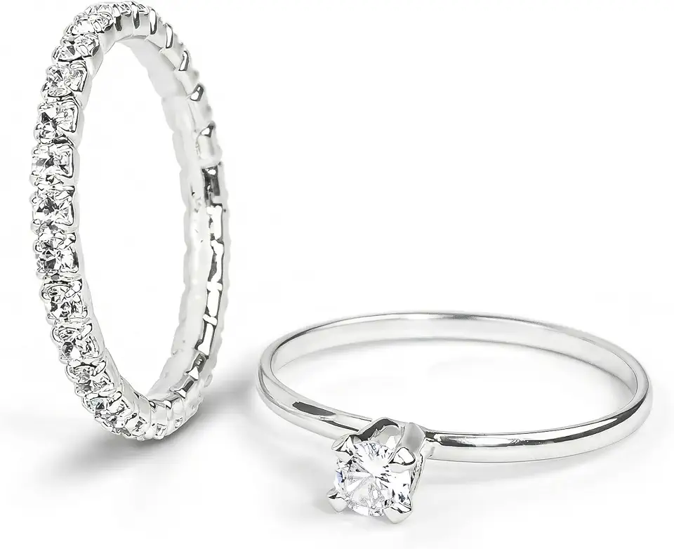 Kit 2 Anéis Femininos Banhado a Prata Solitário Zircônia Cristal e Aparador Cravejado Strass Hipoalergênico Elegante