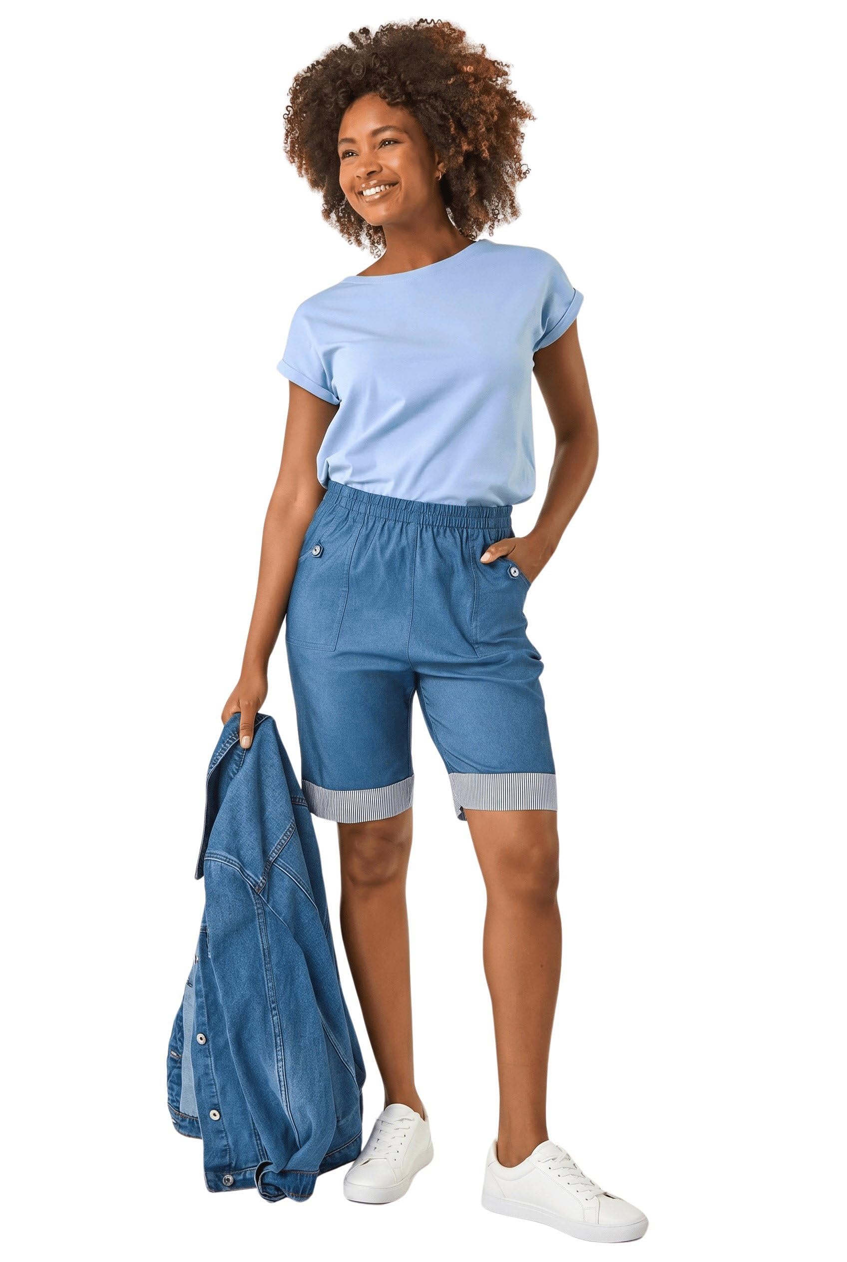 Roman Women's Mid Blue Bengaline Turn Up Stripe Stretch Shorts In | : Size 18