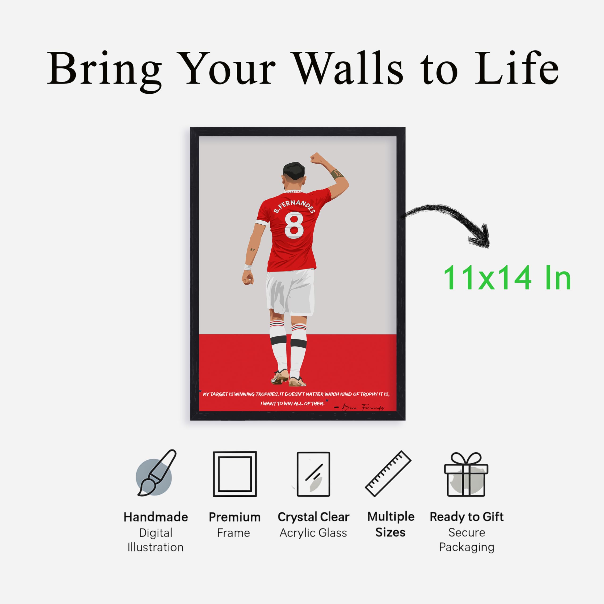 QUOTE - UNQUOTE ART, Manchester United, Bruno Fernandes Poster, 11x14 inches, Black Frame