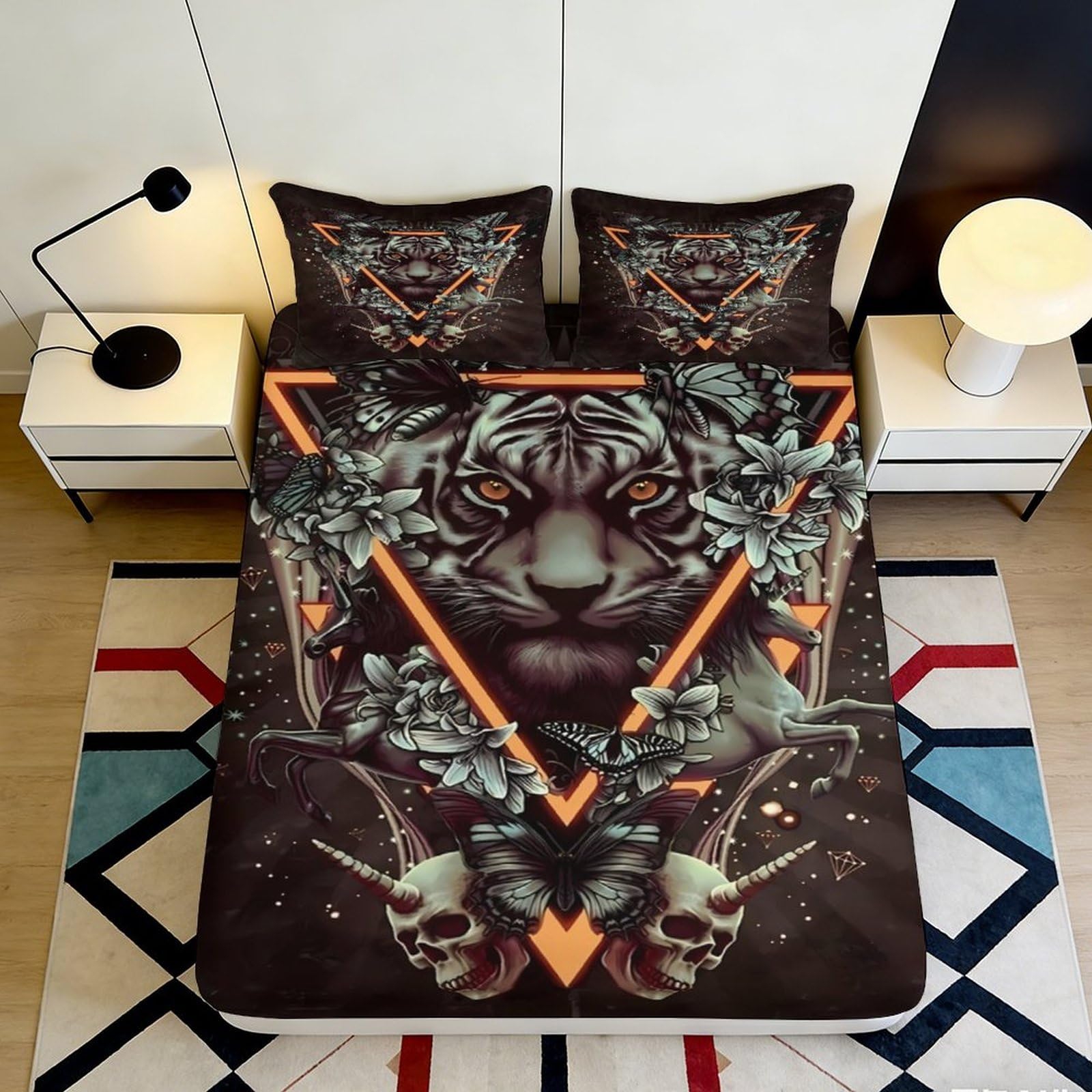 3D Printed Dark Fantasy Fitted Sheet Microfiber Unicorn Skull Bed Cover for Bedroom Dormitory Guest Room Mattress Protection Decor 200x200x25cm
