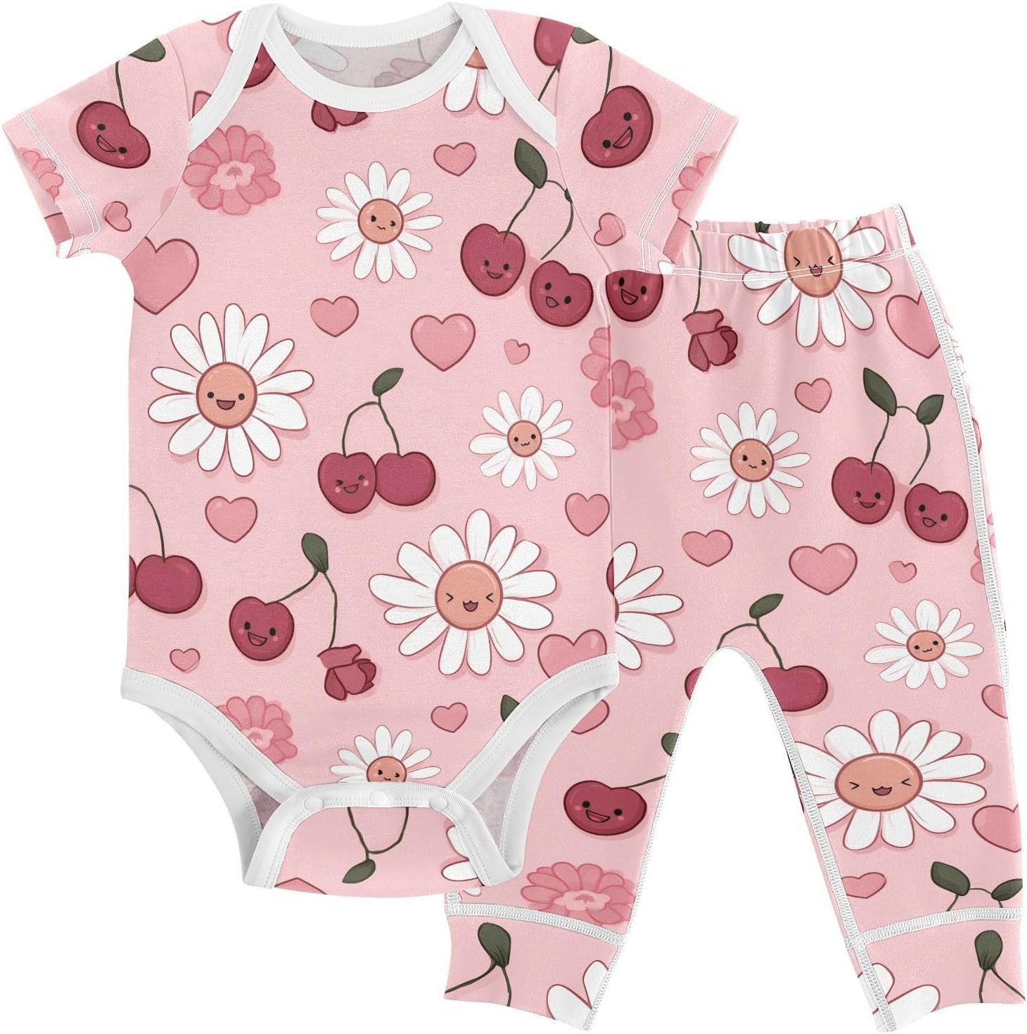 vvfelixl Baby Clothes Cherry Smile Daisy Baby Bodysuits Set Unisex Short Sleeve Babys Pants Sets 0-3M
