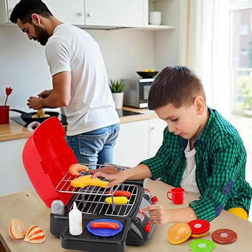 Miniatura 7 de Juego de parrilla para niños, juguetes de cocina con sombrero de delantal para cocinar alimentos, luz de humo, accesorios de juego de simulación al