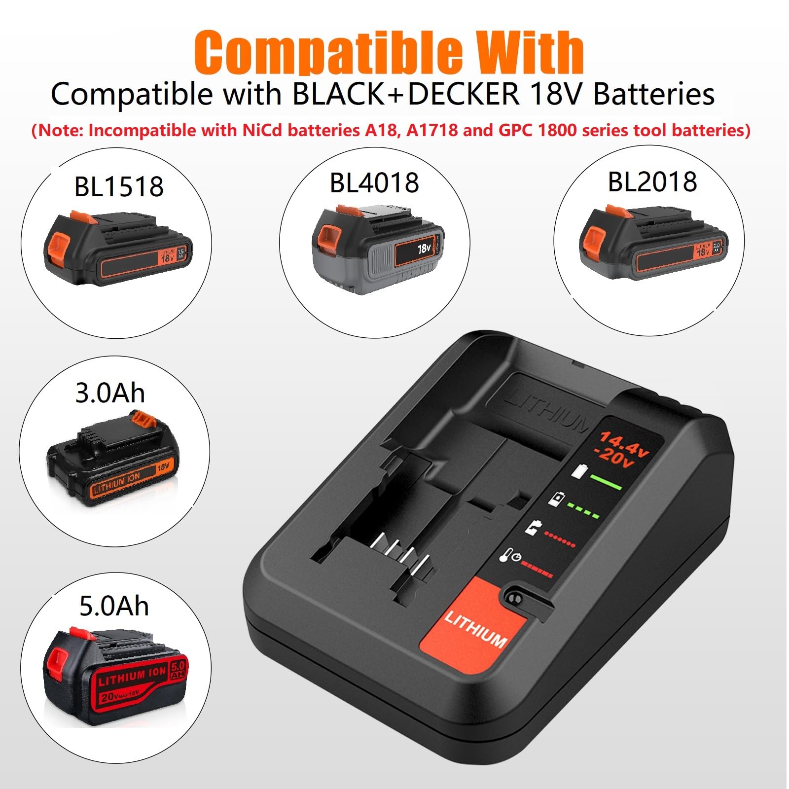 ENERGUP 3A Cargador de Repuesto para Black & Decker Cargador 18V Compatible con Black+Decker Batería 18V BL2018 BL4018 BL1518 LBXR20 LBXR20B