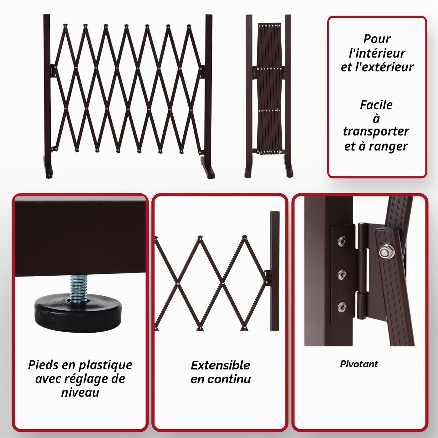 Barrière en Aluminium HWC-K56 Extensible pivotante en Acier 103x31-200x31cm Marron