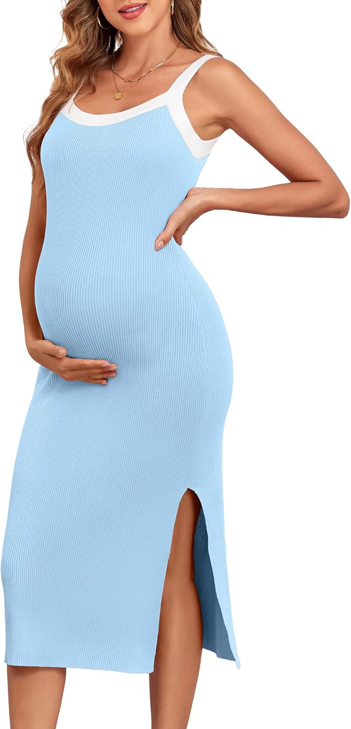 V FOR CITY Maternity Dress for Baby Shower Sleeveless Slit Rib Knit Casual Square Neck Bodycon Pregnancy Clothes