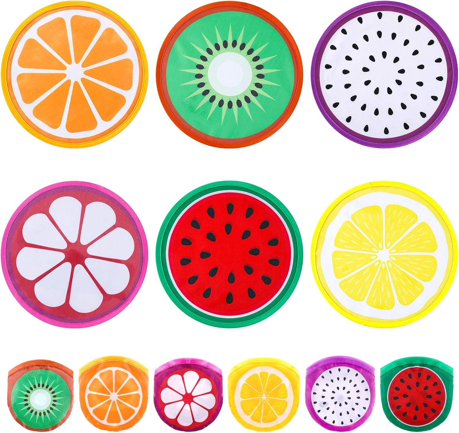 CroBlissful 24 Pcs Foldable Flying Disc Fans 9.84'' Fruit Folding Hand Fan Round Collapsible Handheld Fan Decorative Pocket Fans with Bag for Gift Beach Lawn Park Camping